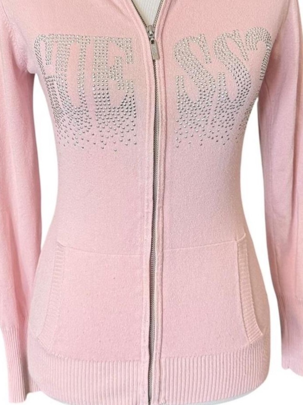 Guess Light Pink Rhinestone Logo Zip Hoodie